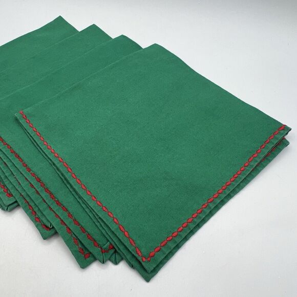 Set 4 Solid Green Cotton Napkins Christmas Red Stitch Trim 16" Kitsch 1980s - Picture 3 of 3